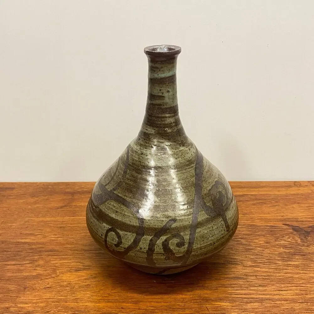 Vintage Studio Pottery Stoneware Bud Vase Swirl Design Artist Signed Pennebacker